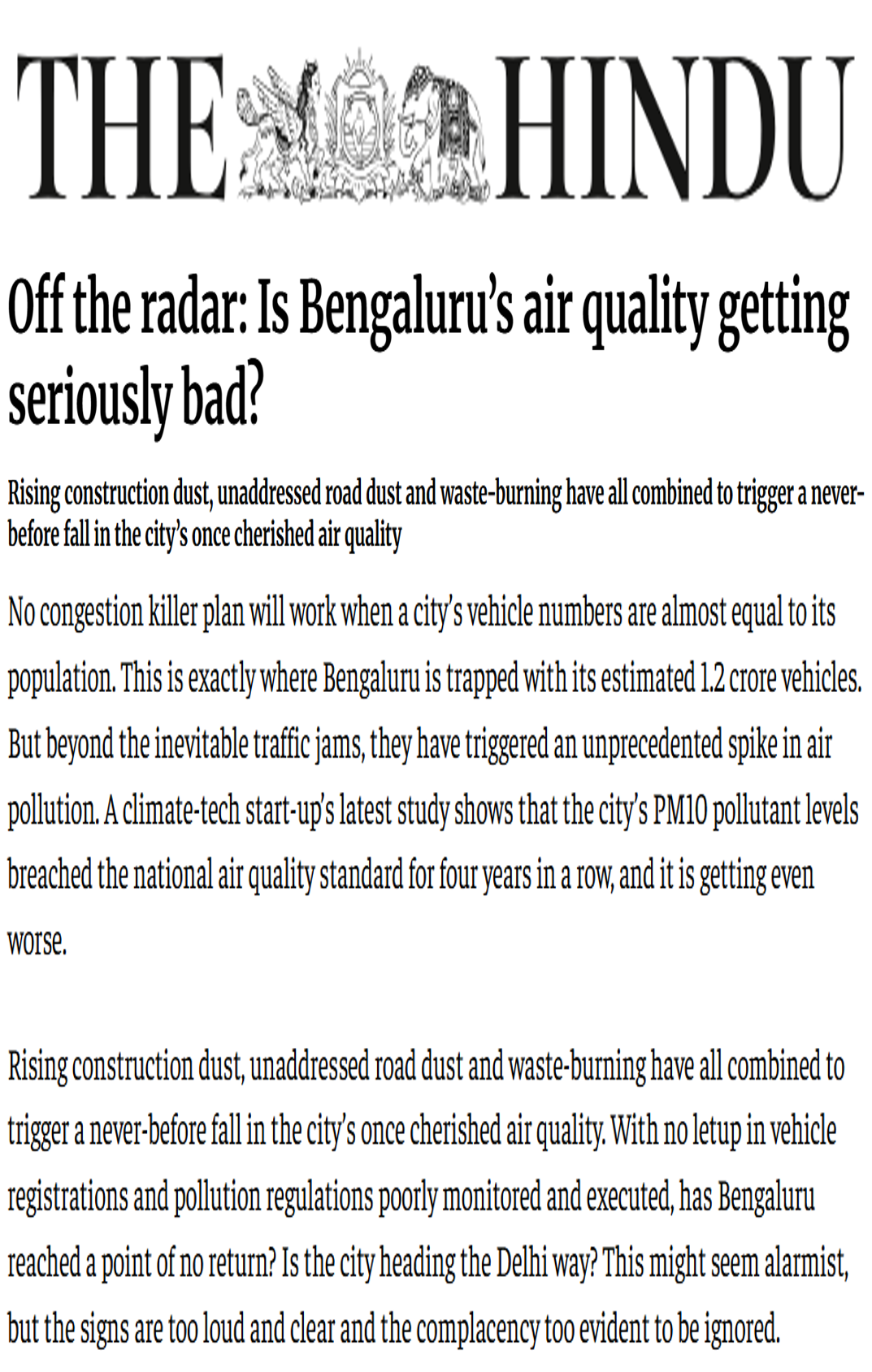 CSTEP’s study on mapping Bengaluru’s air pollution mentioned in an article in The Hindu