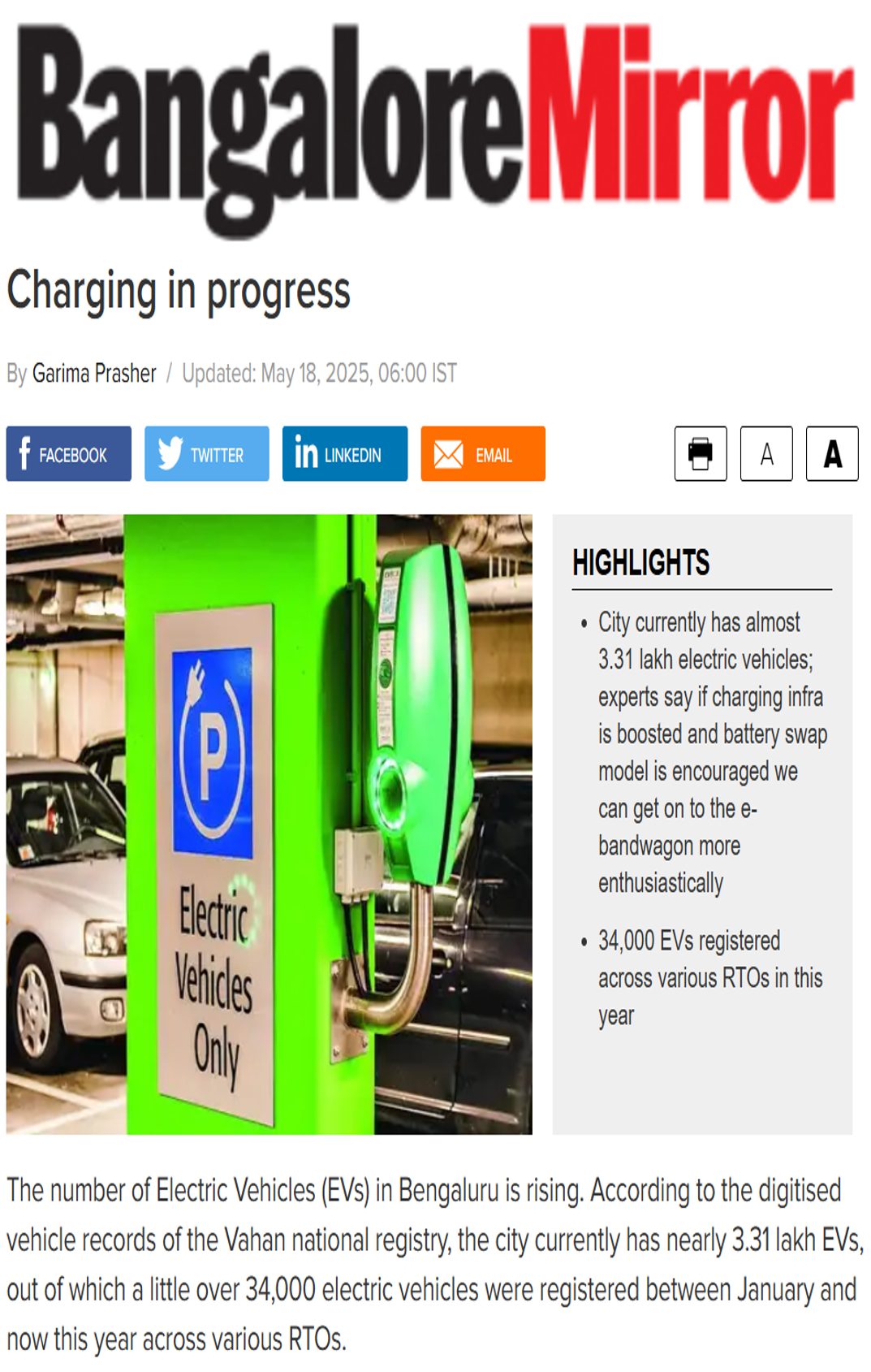 CSTEP’ study on EV charging demand and infrastructure in Bengaluru mentioned in an article in Bangalore Mirror