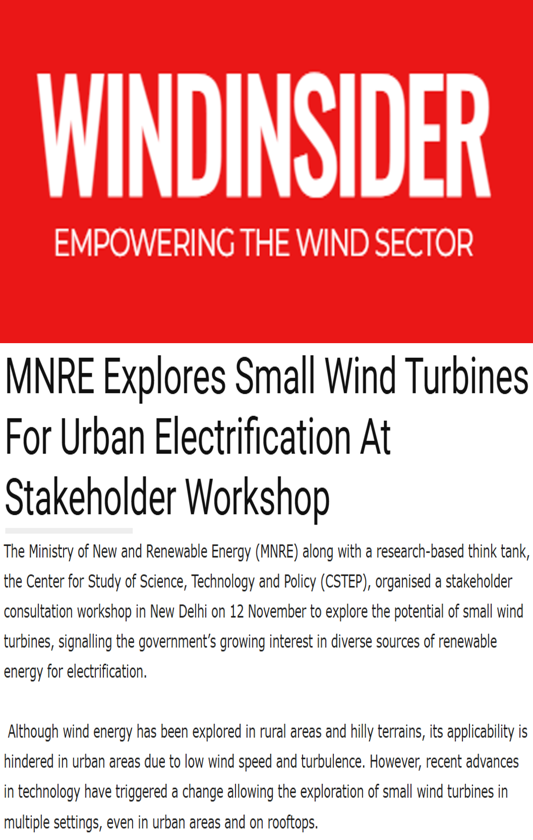 MNRE and CSTEP’s workshop on small wind turbines covered by Windinsider