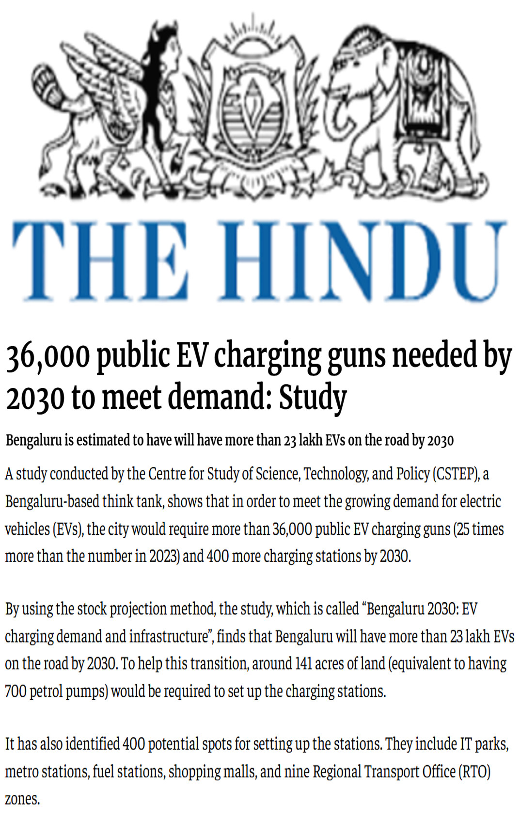 CSTEP’s report Bengaluru 2030: EV charging demand and infrastructure covered by The Hindu