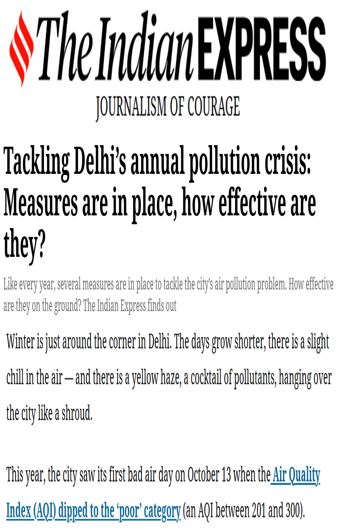 Swagata Dey quoted on Delhi’s deteriorating air pollution in an article in The Indian Express