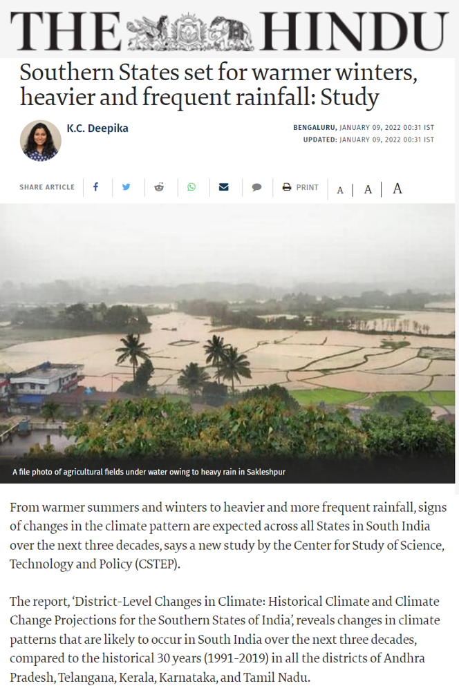 CSTEP’s Study on District-Level Changes in Climate Change on the Southern States of India Covered by The Hindu
