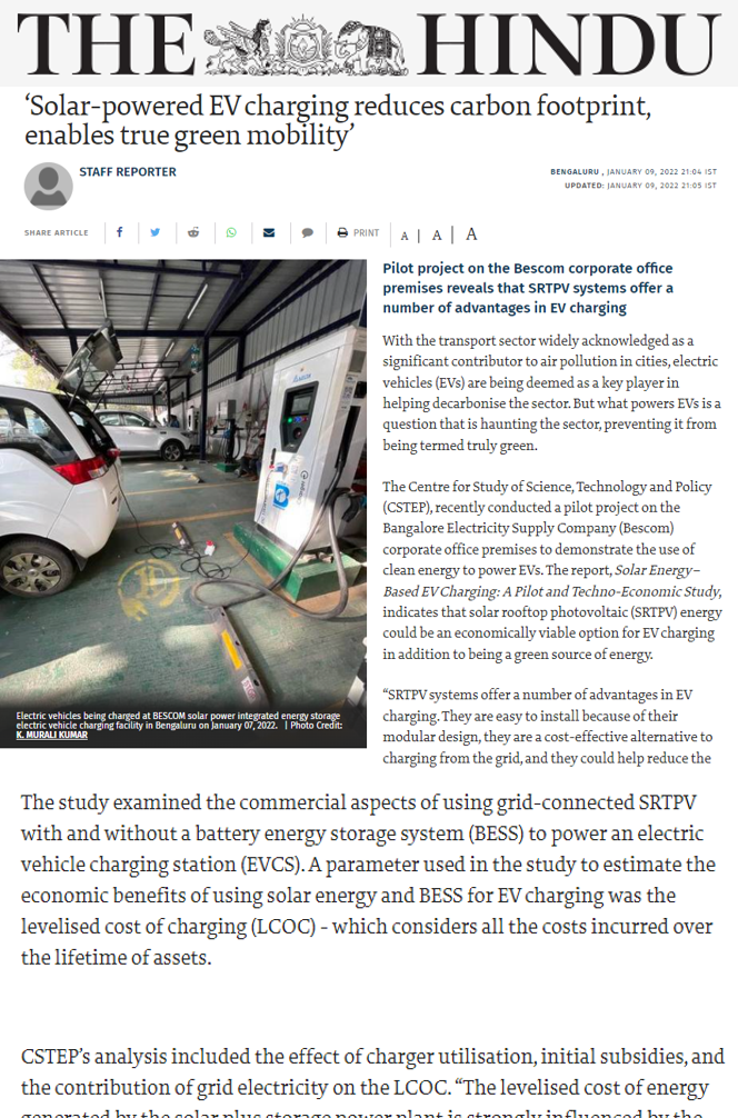 CSTEP’s Study on Solar Energy-Based EV Charging Stations Covered by The Hindu
