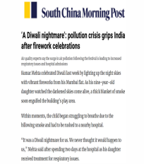 R Subramanian quoted on a surge in air pollution levels across Indian cities after Diwali in South China Morning Post