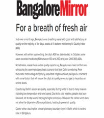 R Subramanian quoted on why Bengaluru’s air quality index is better than Delhi’s in an article in Bangalore Mirror