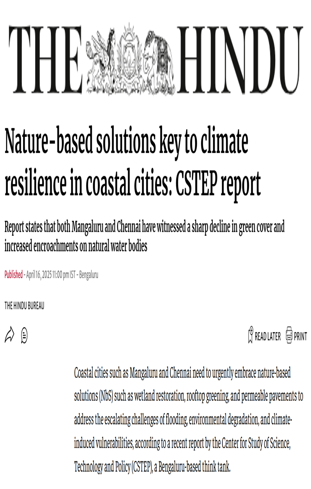 CSTEP’s report on nature-based solutions covered by The Hindu