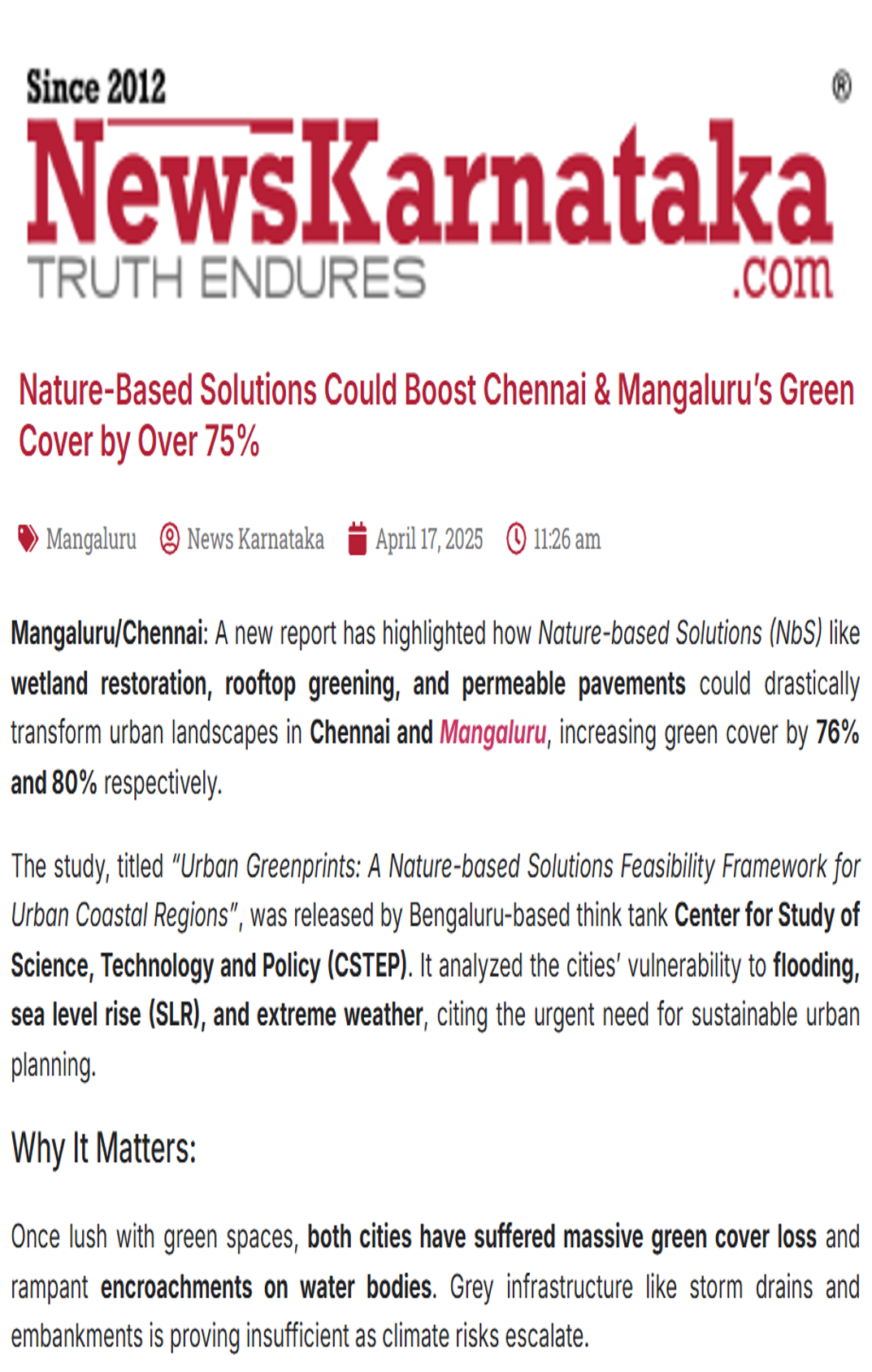 CSTEP’s report on nature-based solutions covered by News Karnataka