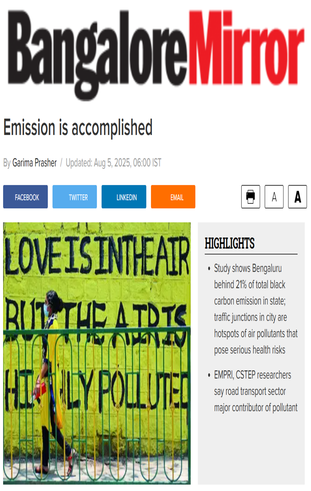 CSTEP’s study on Bengaluru’s emissions mentioned in an article in Bangalore Mirror