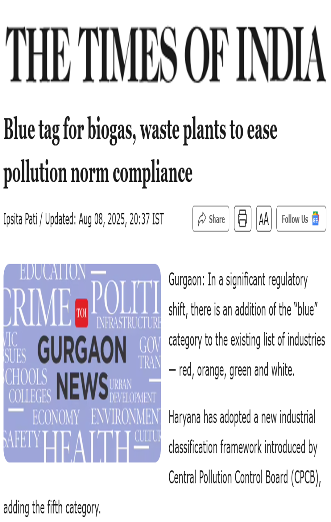 Swagata Dey quoted on the introduction of the blue category of industries in Haryana in an article in The Times of India