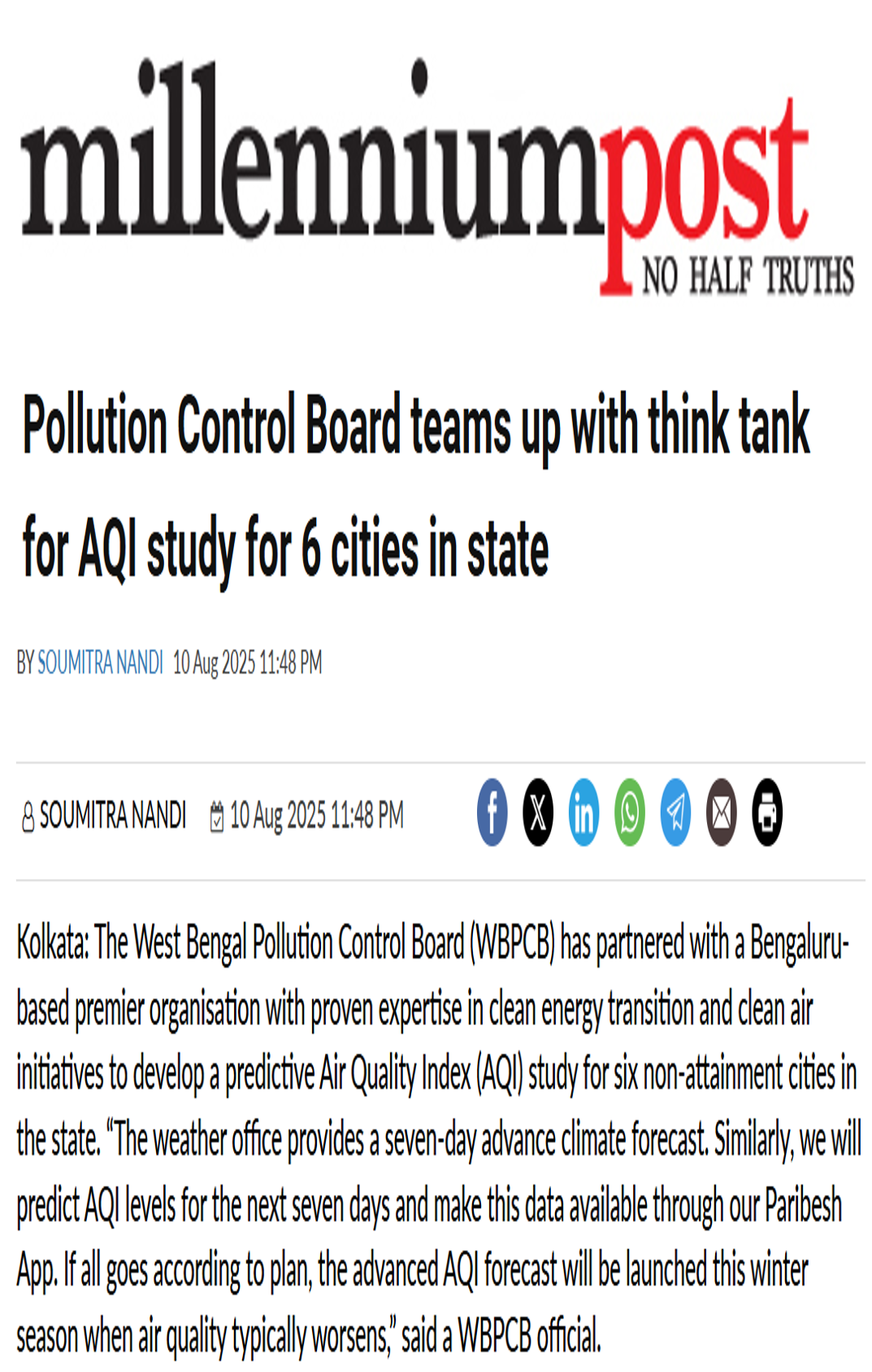 CSTEP’s partnership with WBPCB mentioned in an article in the Milleniumpost