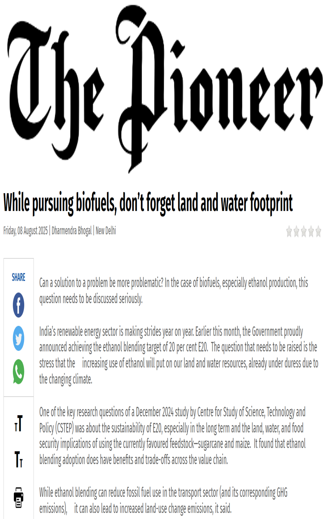CSTEP’s study ‘Towards the long-term sustainability of ethanol use in India’ mentioned in an article in The Pioneer
