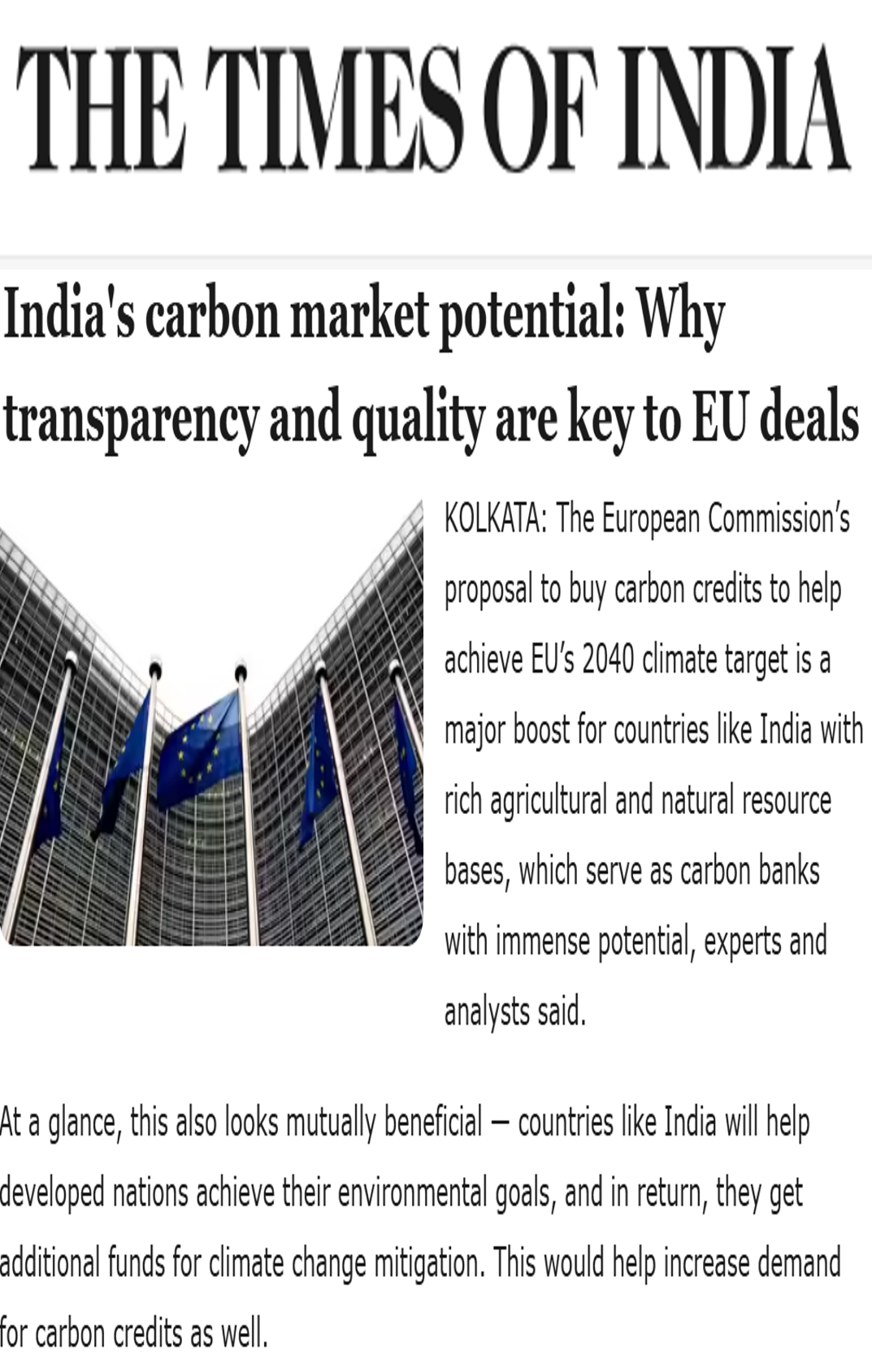 Krithika Ravishankar quoted on the risks of relying on the EU for demand for domestic carbon credits in an article in The Times of India
