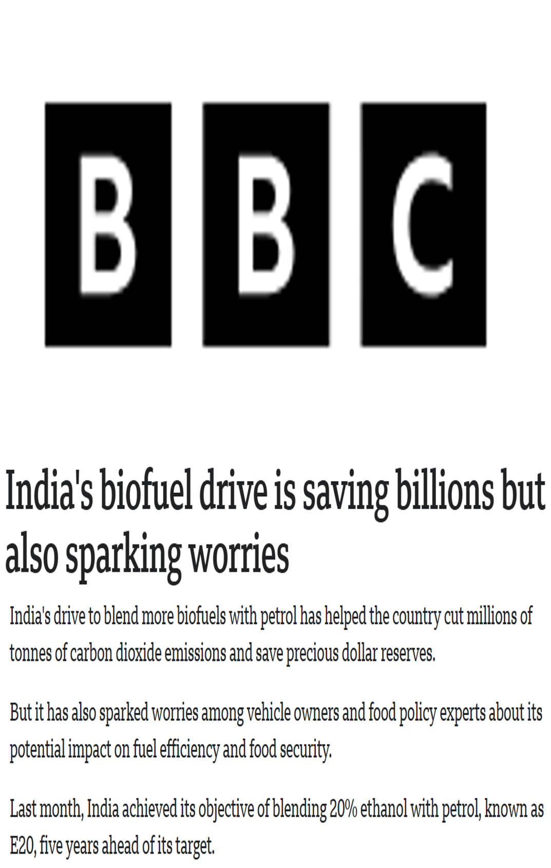 Ramya Natarajan quoted on the disadvantages of diverting maize for ethanol in an article in BBC