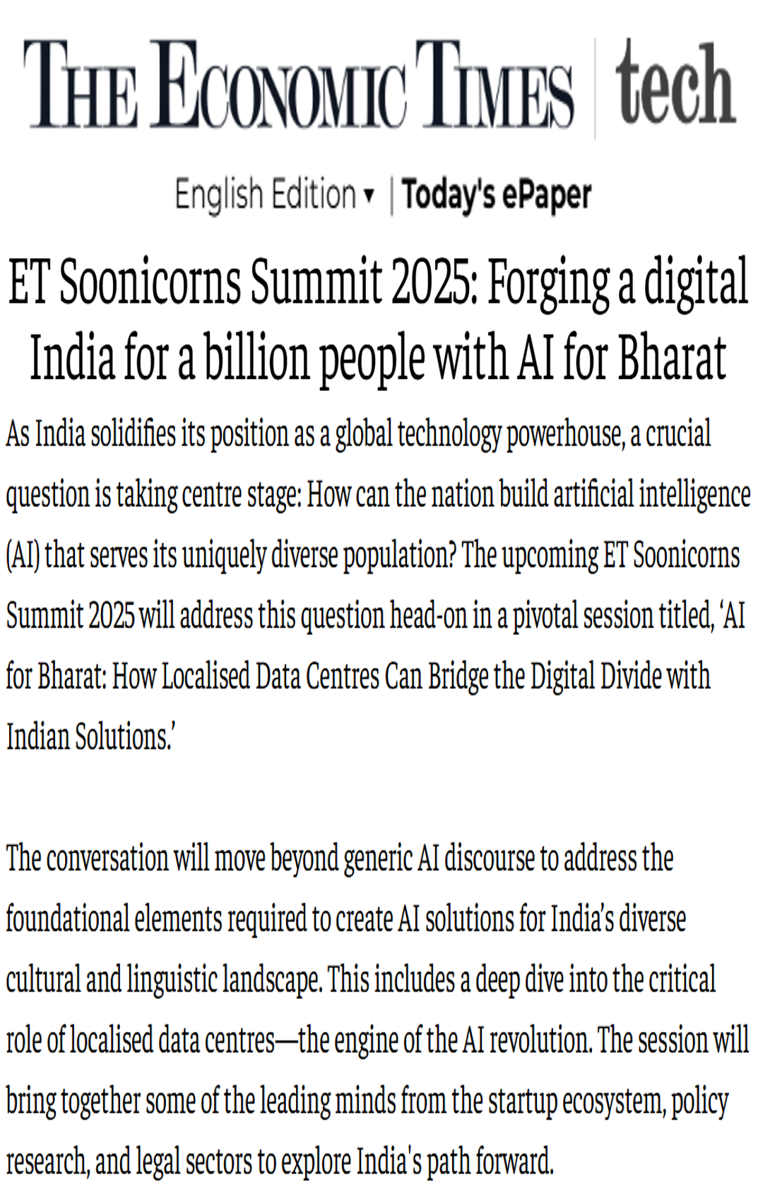Jai Asundi mentioned as a panellist in the ET Soonicorns Summit 2025 in an article in The Economic Times