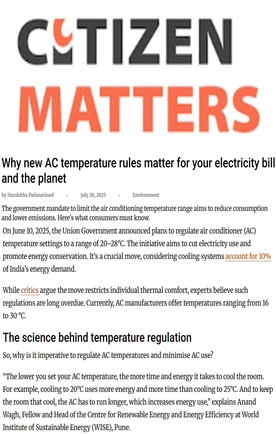 Gautham Molleti quoted on improved energy savings as a result of AC temperature regulation in an article in Citizen Matters