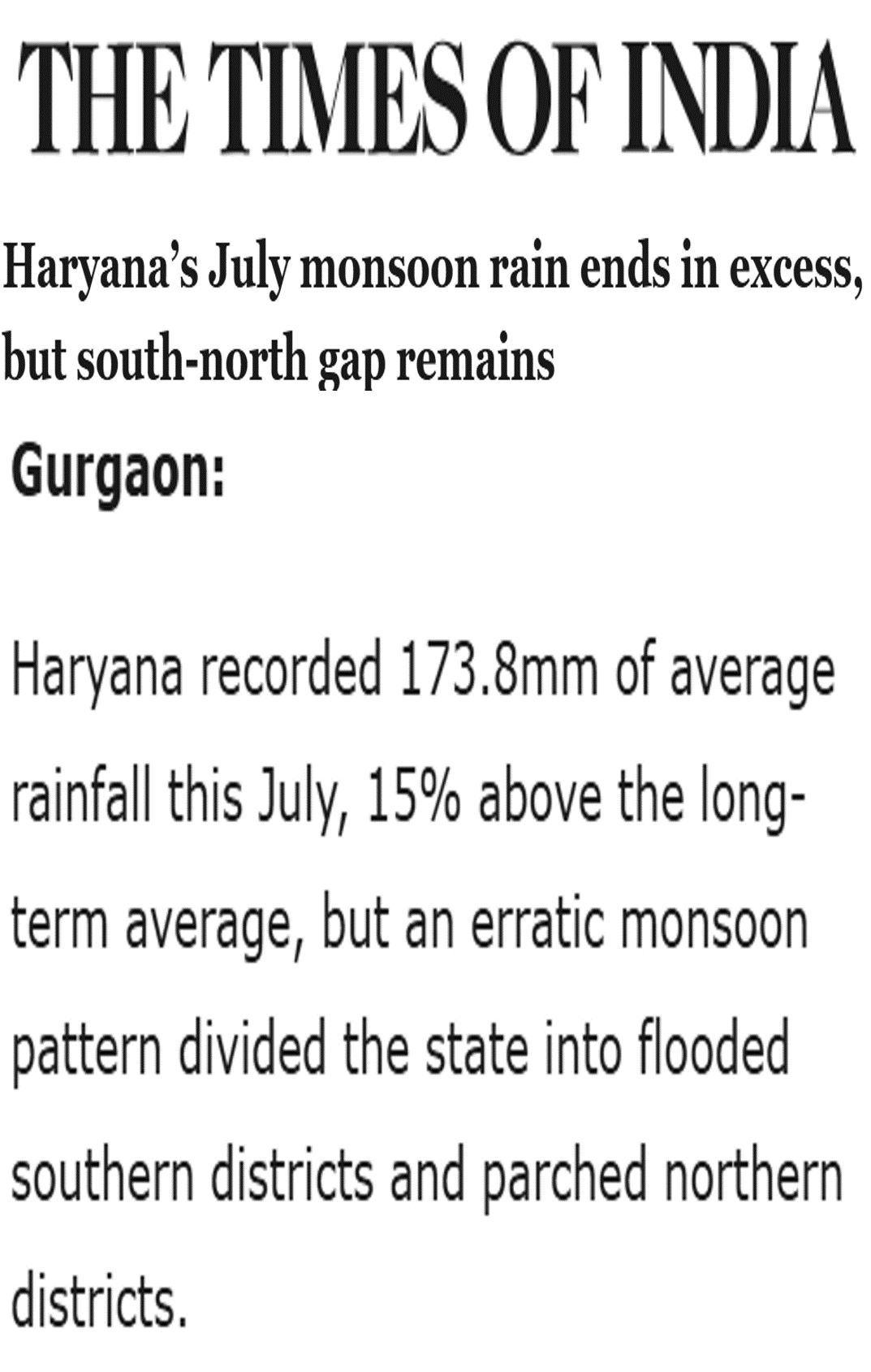 Manish Kumar quoted on the reasons behind Haryana’s rainfall disparity in an article in The Times of India