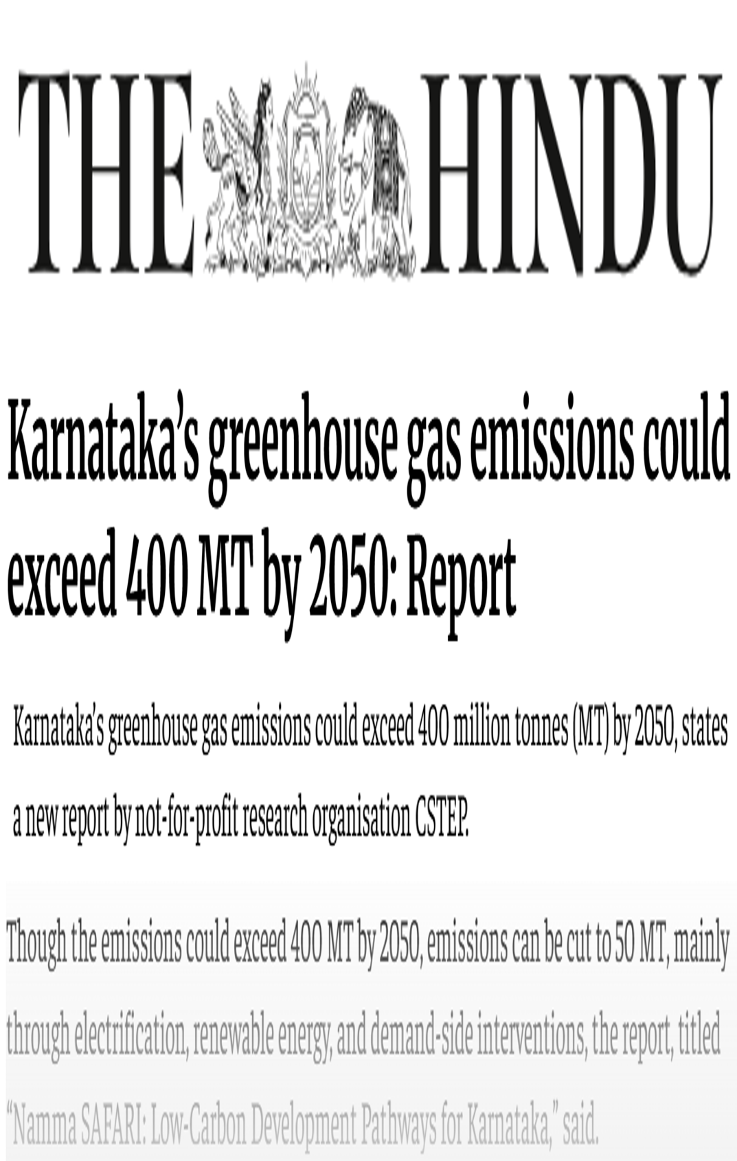 CSTEP’s report ‘Namma SAFARI: Low-Carbon Development Pathways for Karnataka’ covered by The Hindu