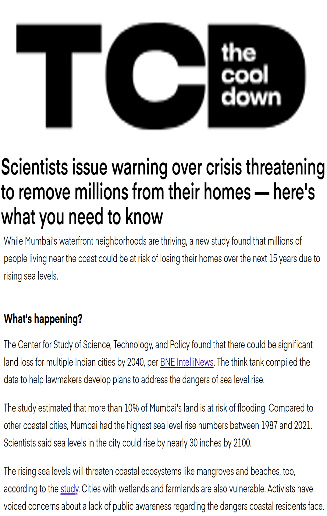 CSTEP’s study on rising sea levels in Indian coastal cities mentioned in an article in The Cool Down