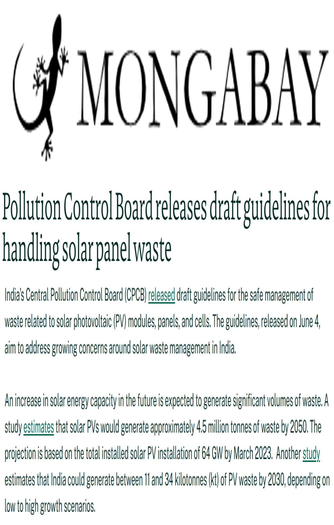 CSTEP’s solar PV study and Khushboo Garg’s quote on CPCB’s draft guidelines for handling solar panel waste mentioned in an article in Mongabay India