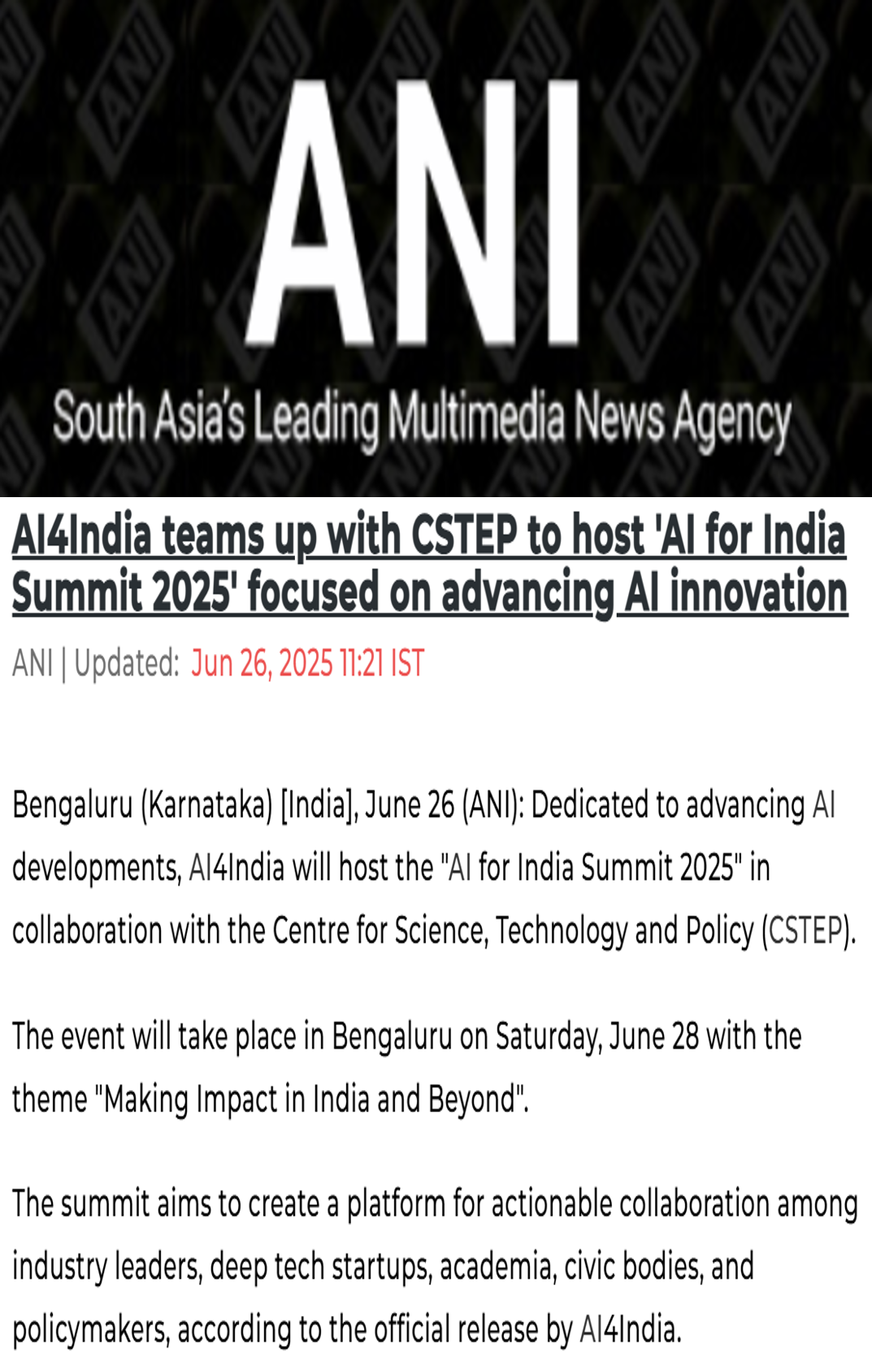 AI4India pre-event coverage published in ANI