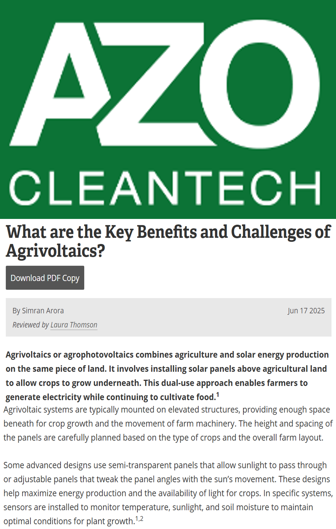 CSTEP’s study on agrivoltaics mentioned in an article in AZO Cleantech