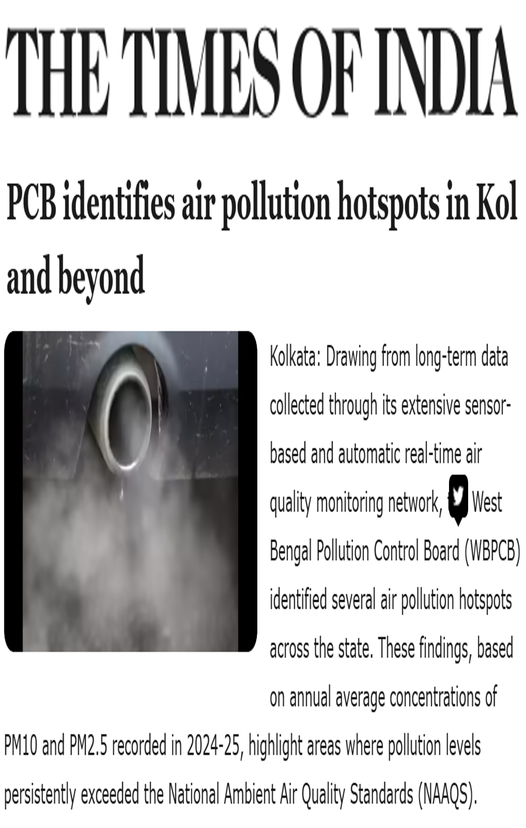 CSTEP’s collaboration with the West Bengal Pollution Control Board mentioned in an article in The Times of India