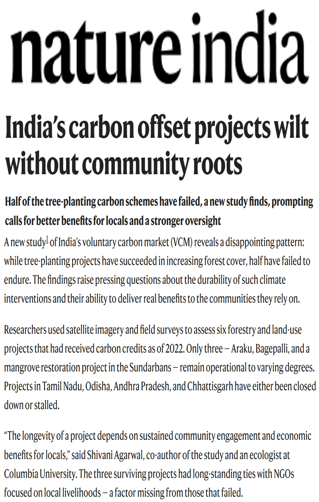 Kritika Ravishankar quoted on the disadvantages of current validations for carbon farming projects in an article in Nature India