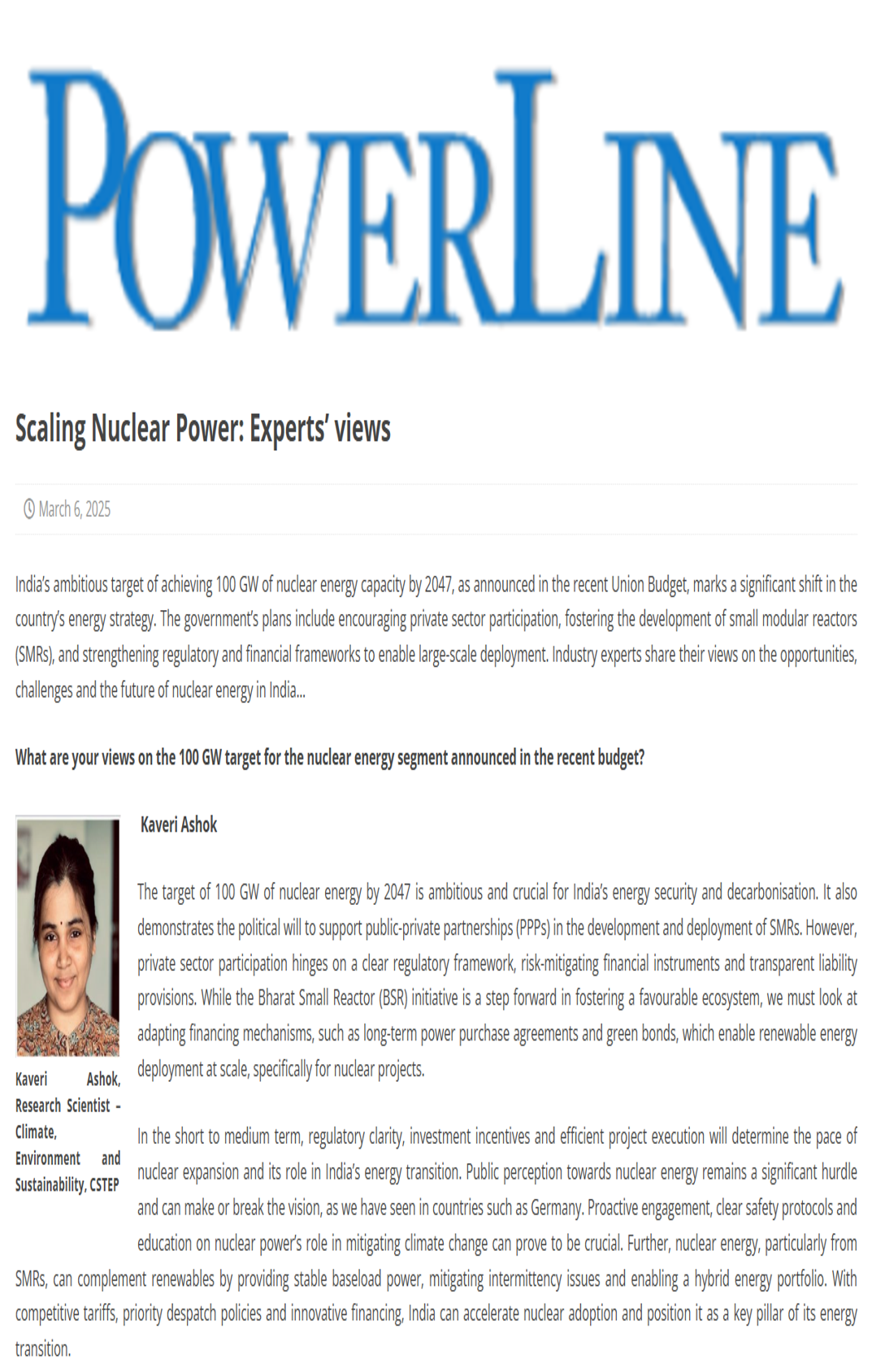 Kaveri Ashok quoted on India’s 100 GW target for nuclear energy in an article in Powerline