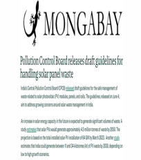 CSTEP’s solar PV study and Khushboo Garg’s quote on CPCB’s draft guidelines for handling solar panel waste mentioned in an article in Mongabay India