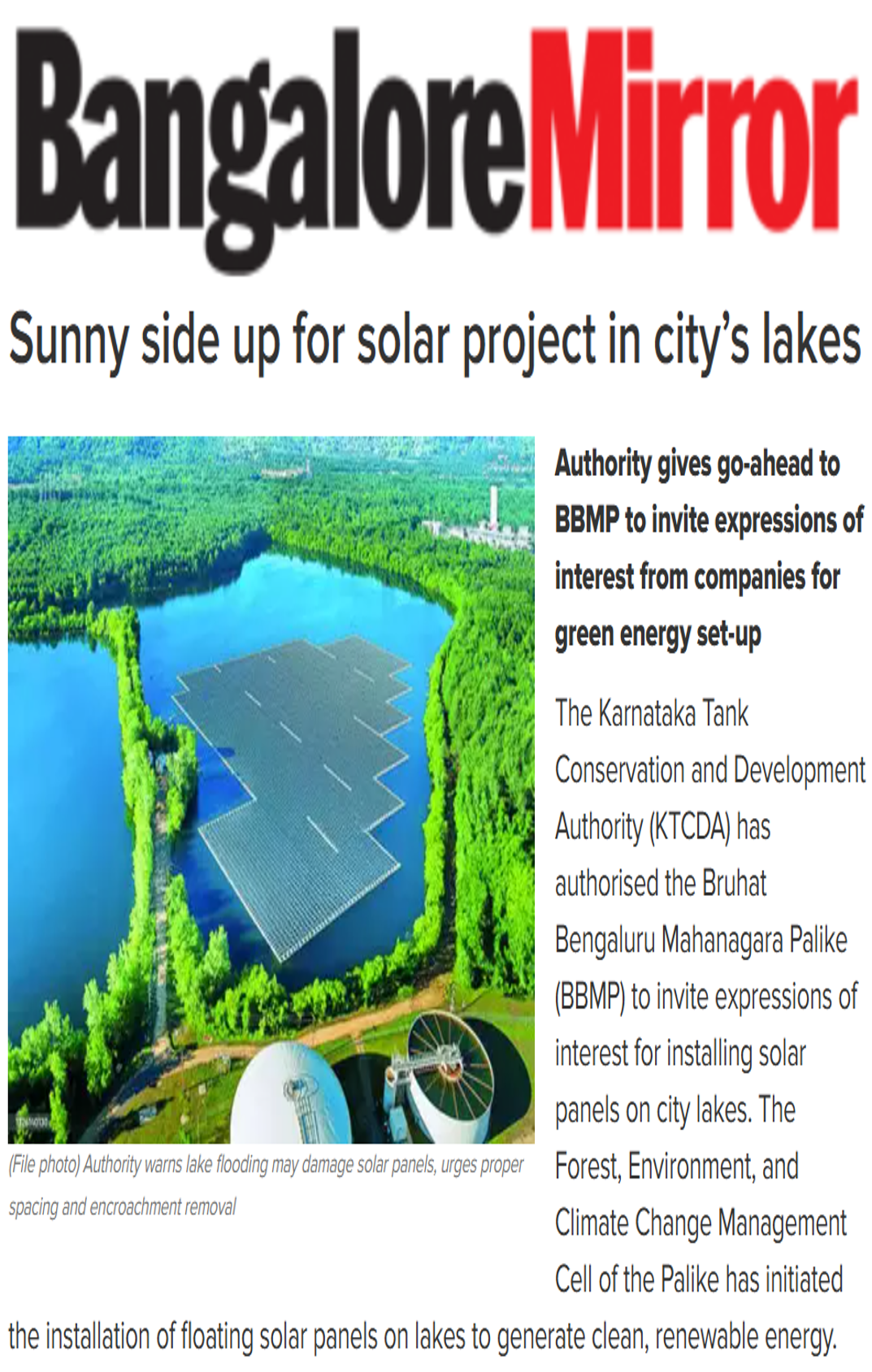 Saptak Ghosh quoted on the need for impact assessments before installing floating solar panel on Bengaluru’s lakes in Bangalore Mirror