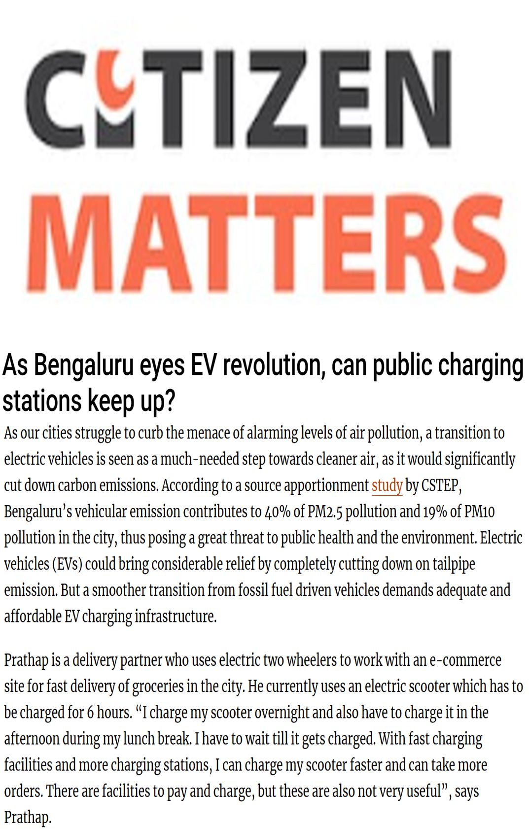 CSTEP’s source apportionment study and Bengaluru’s EV charging demand and infrastructure study mentioned in an article in Citizen Matters