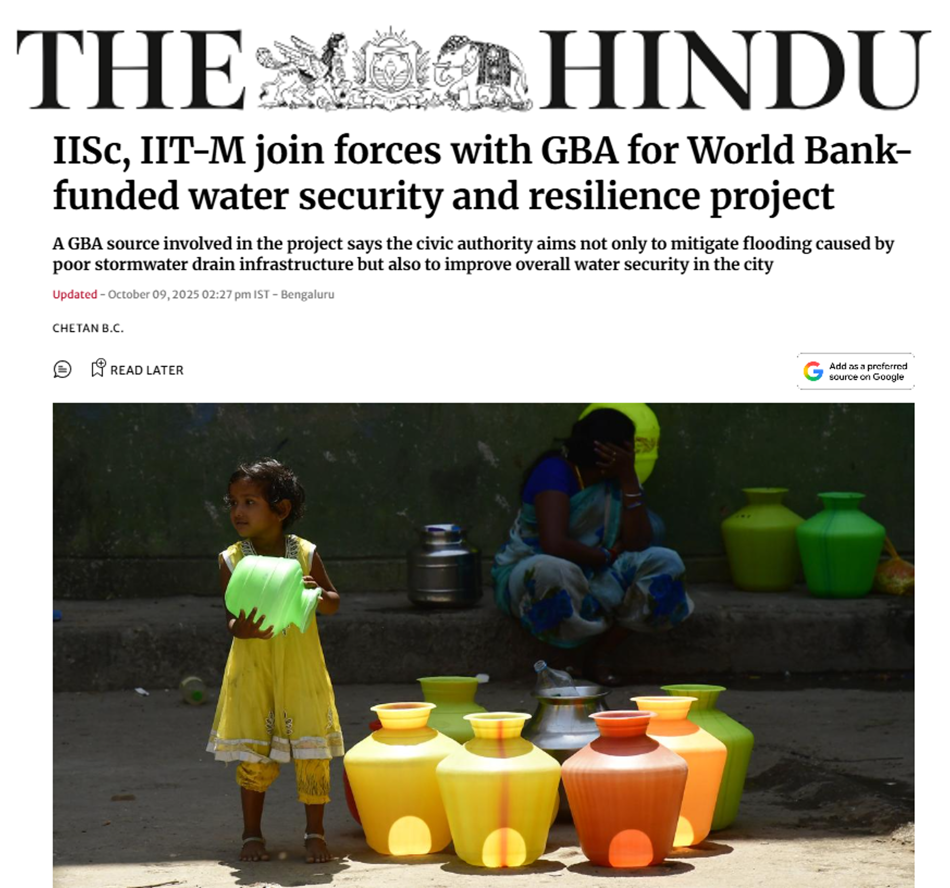 CSTEP mentioned as one of the organisations participating in the Bengaluru Water Resilience Project in an article by The Hindu