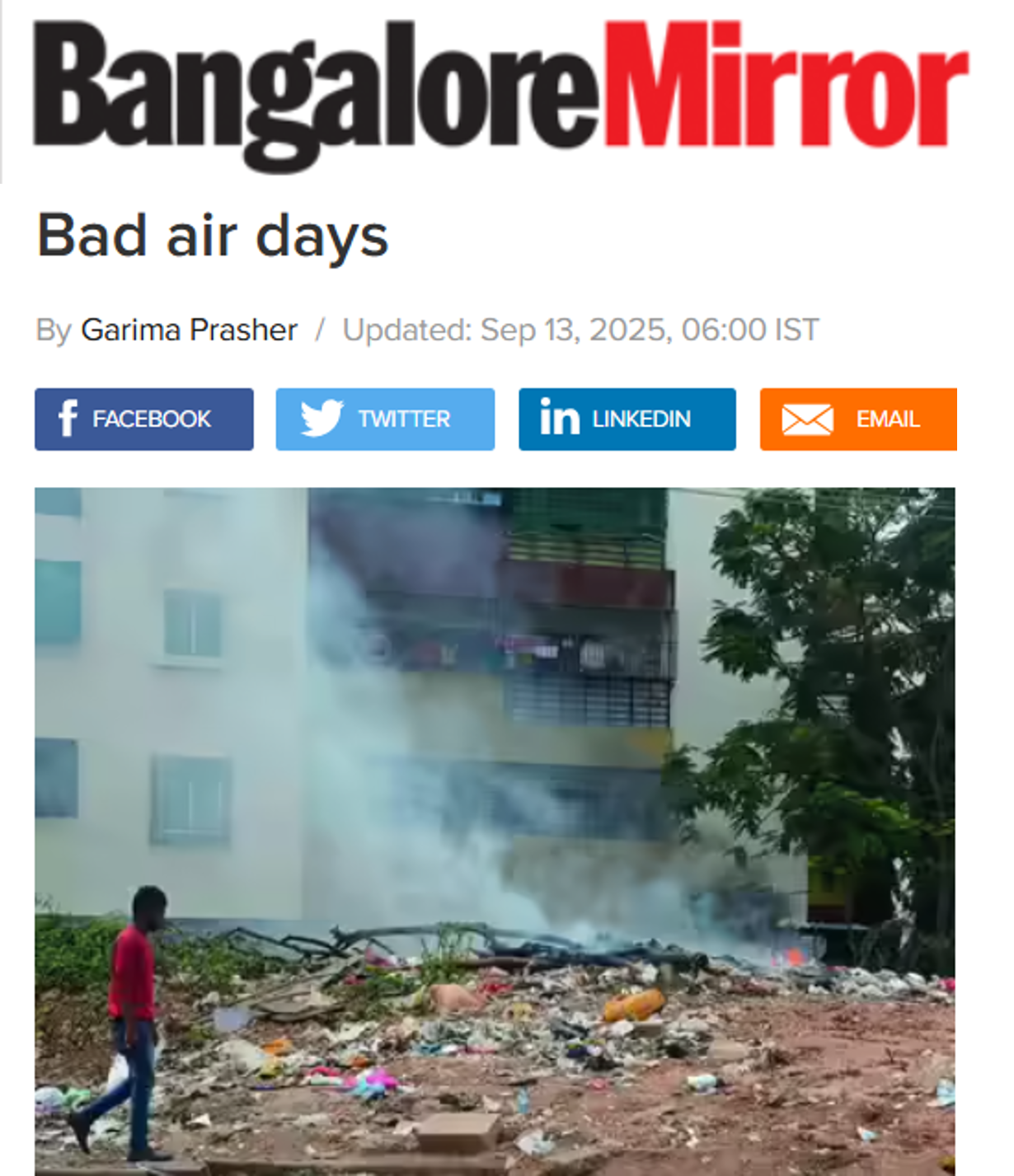 Piyush Bhardwaj quoted in an article by Bangalore Mirror on the importance of proper waste disposal and minimising vehicular emissions in Bengaluru to ensure better air quality in the city