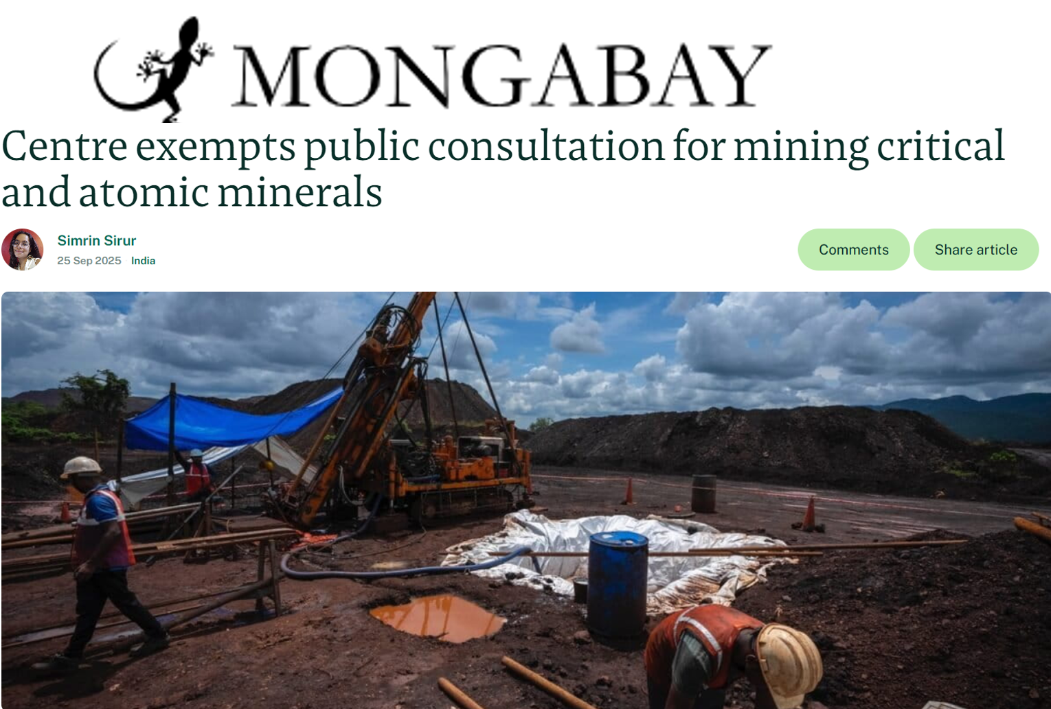 Kaveri Ashok shared her perspective on the recent exemption of public consultations for mining critical and atomic minerals in an article by Mongabay India