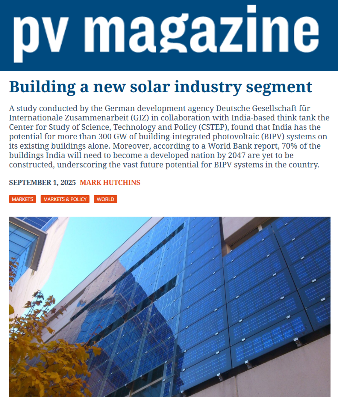 Shantanu Roy interviewed by PV Magazine on the potential of Building-Integrated Photovoltaic, a design revolution that could transform how Indian cities generate, consume, and share energy