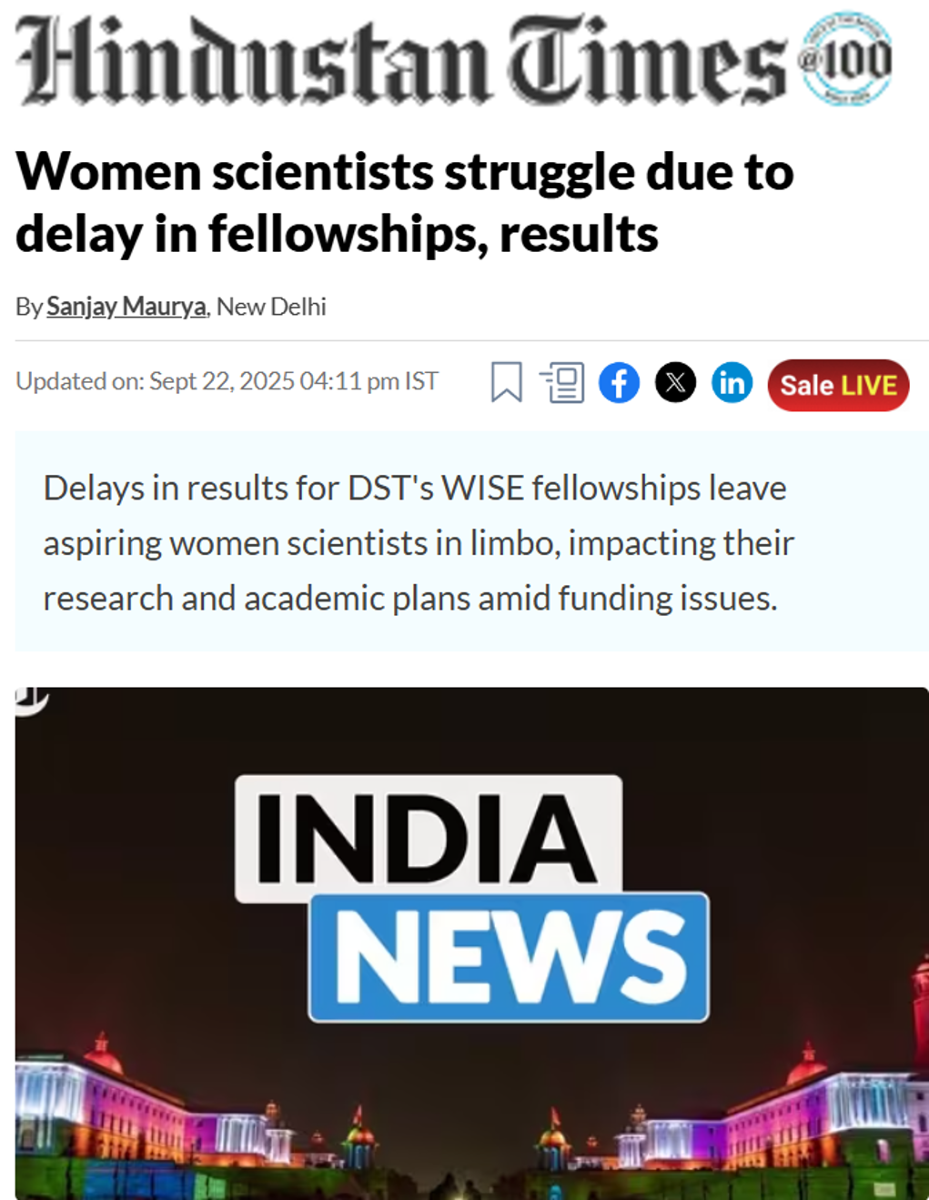 Indu Murthy was quoted on how systemic delays affect women scientists and result in a loss of talent, innovation, and diversity in STEM nationwide in an article by Hindustan Times
