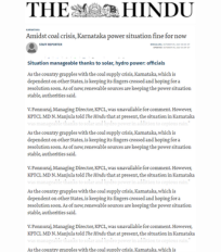 CSTEP Sector Head, Energy and Power, Abhishek Nath Quoted by The Hindu on the Power Situation in Karnataka