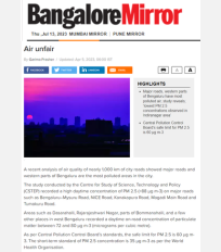 CSTEP’s study mentioned in and Dr Pratima Singh quoted by Bangalore Mirror on air pollutants over Bengaluru city roads