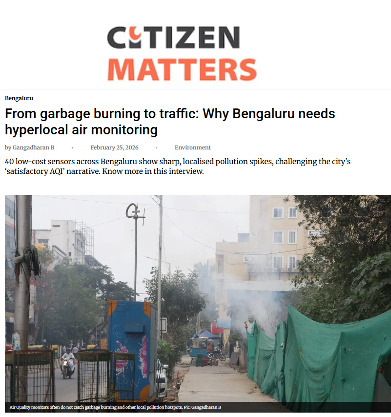 Abhishek Penchala talks about low-cost sensors in this article by Citizen Matters