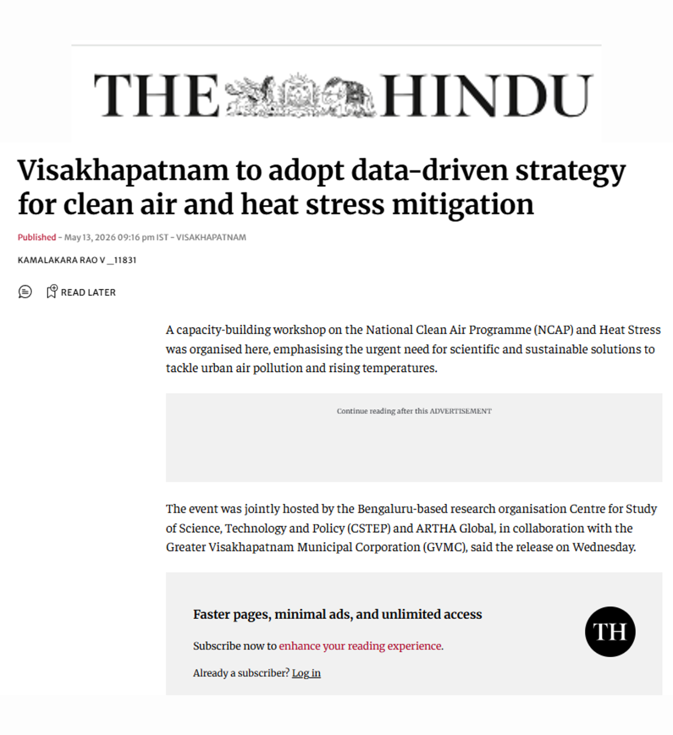 A capacity-building workshop held by CSTEP’s AQ team in Vishakhapatnam was covered by The Hindu