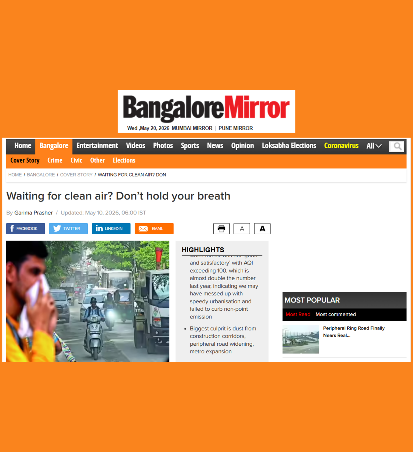 Kumar Sarang discussed the major contributors to air pollution in Bengaluru in an article published by BLR Mirror