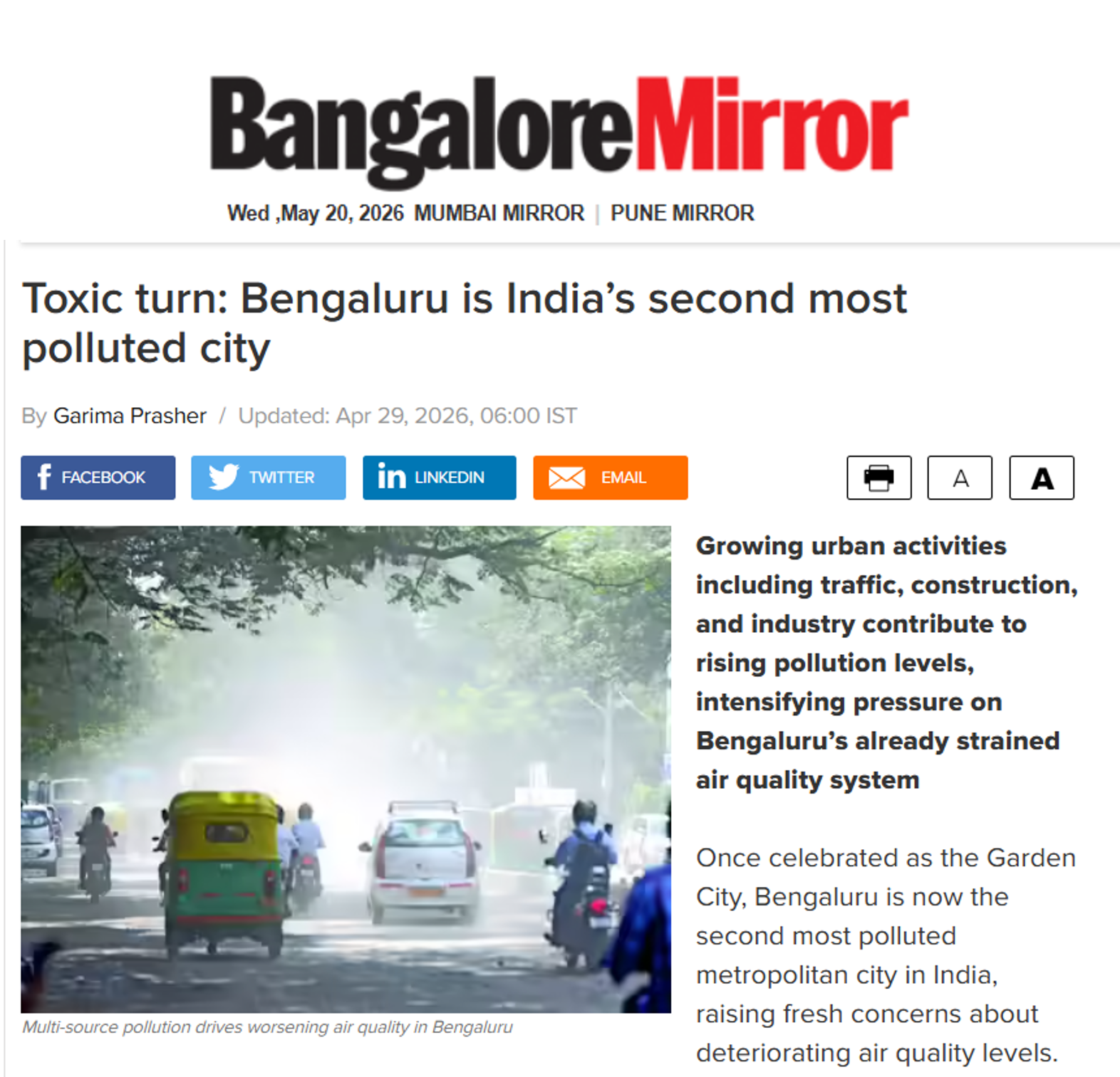 Kumar Sarang was quoted in an article by BLR Mirror on the city’s rising pollution concerns