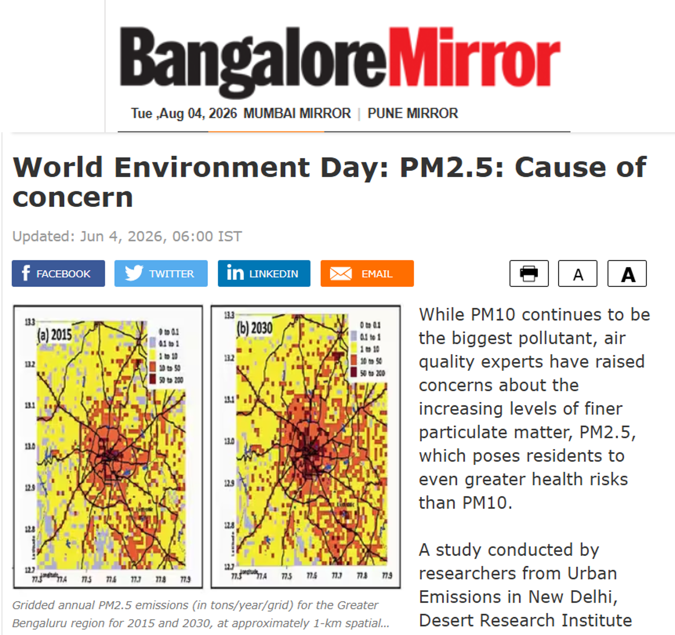 The journal article, ‘Air quality, emissions, and source contributions analysis for the Greater Bengaluru region of India’ (co-authored by CSTEP, Urban Emissions, and Desert Research Institute), was mentioned in this Bangalore Mirror article