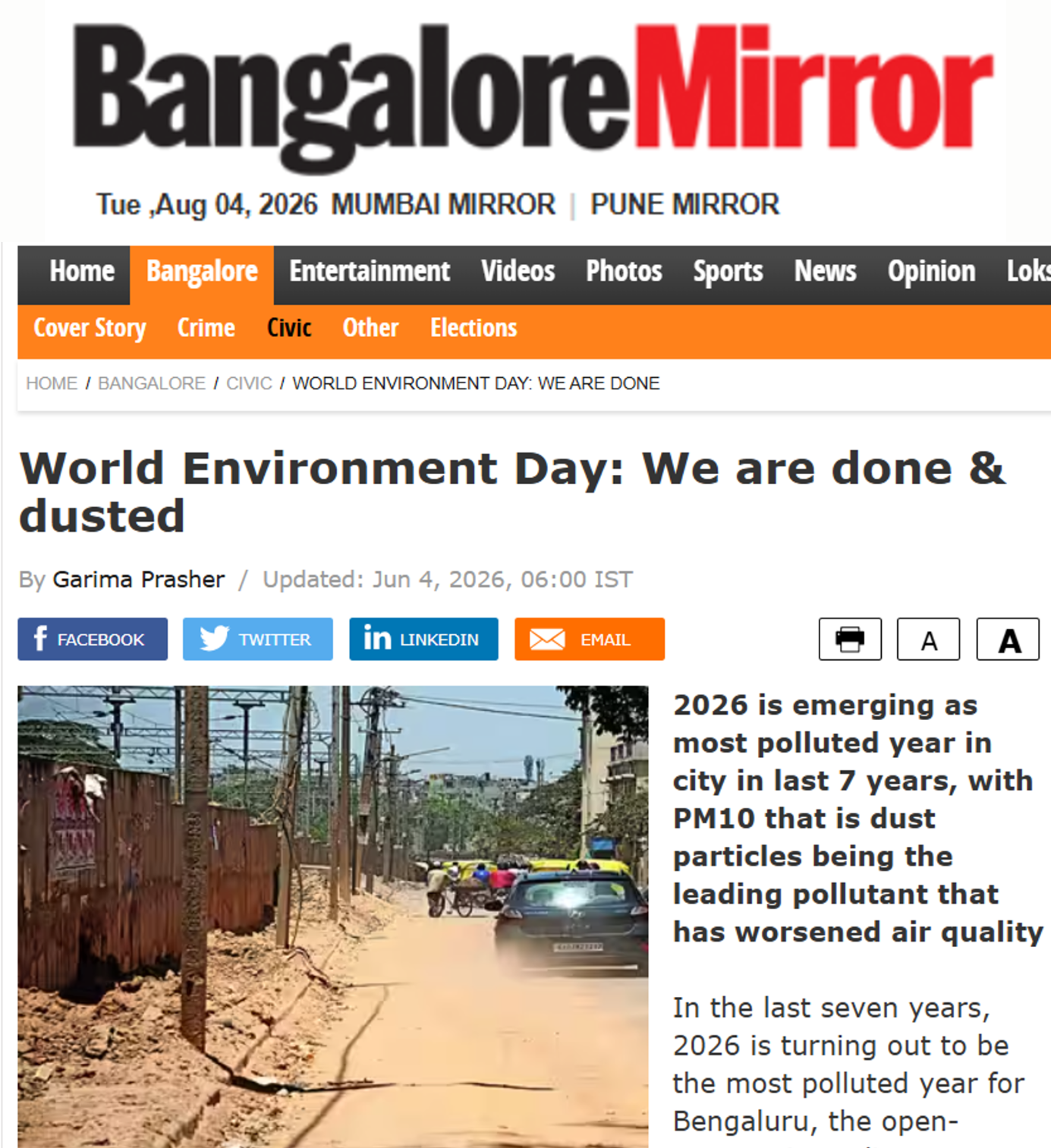 In this Bangalore Mirror article, Anirban Banerjee discussed the contribution of construction activity to the rising dust levels in the city