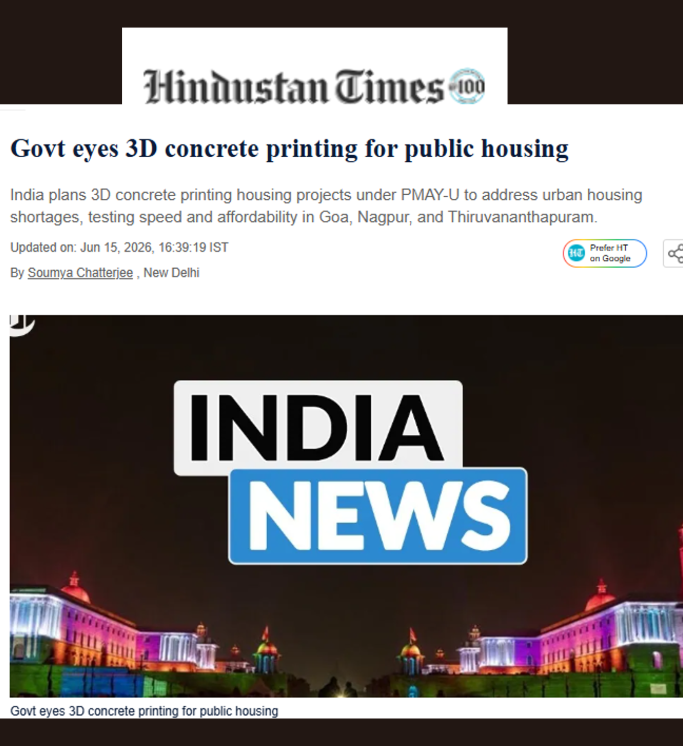 In a Hindustan Times article on 3D-printed concrete housing, Divya Davis spoke about the lack of dedicated standards and quality-control protocols