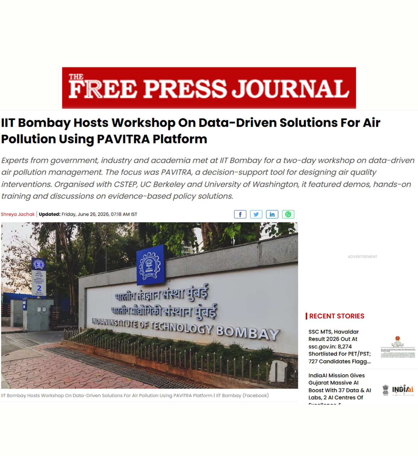 The workshop on ‘Advancing Clean Air Solutions for India: From Evidence to Action’ was covered in an article by The Free Press Journal