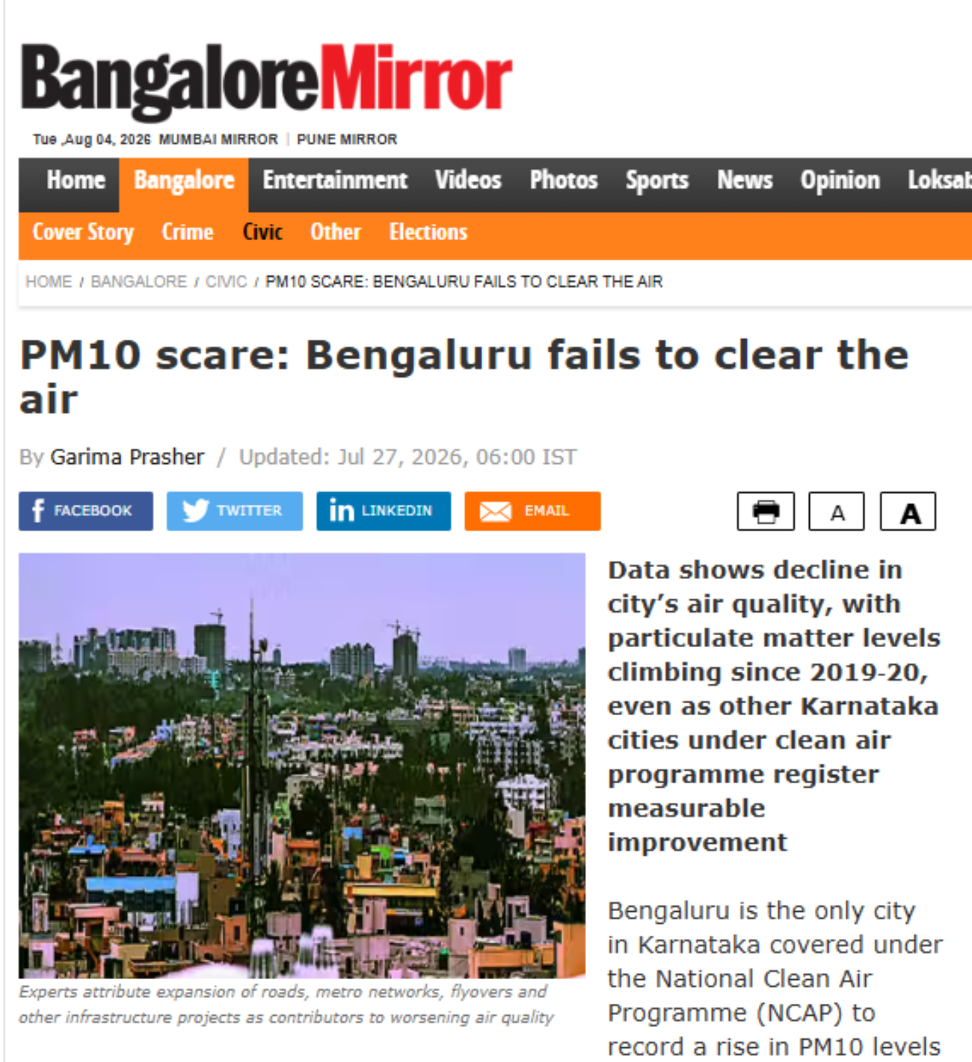 Prakash Doraiswamy spoke about the reasons behind Bengaluru’s steady PM10 concentrations in this article by Bangalore Mirror