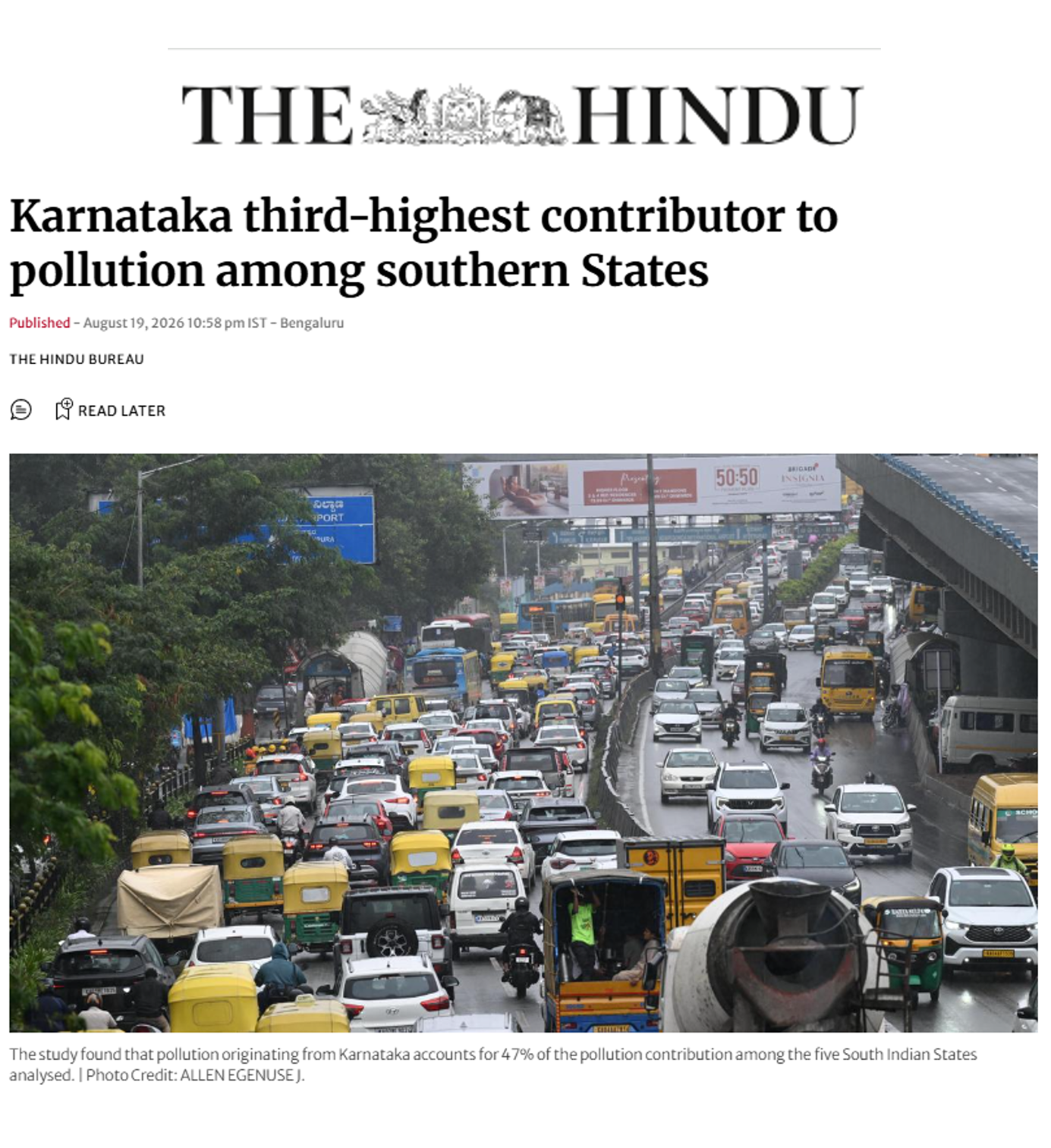 Coverage of the ‘Governance framework for airshed-level air quality management in South India’ report in The Hindu