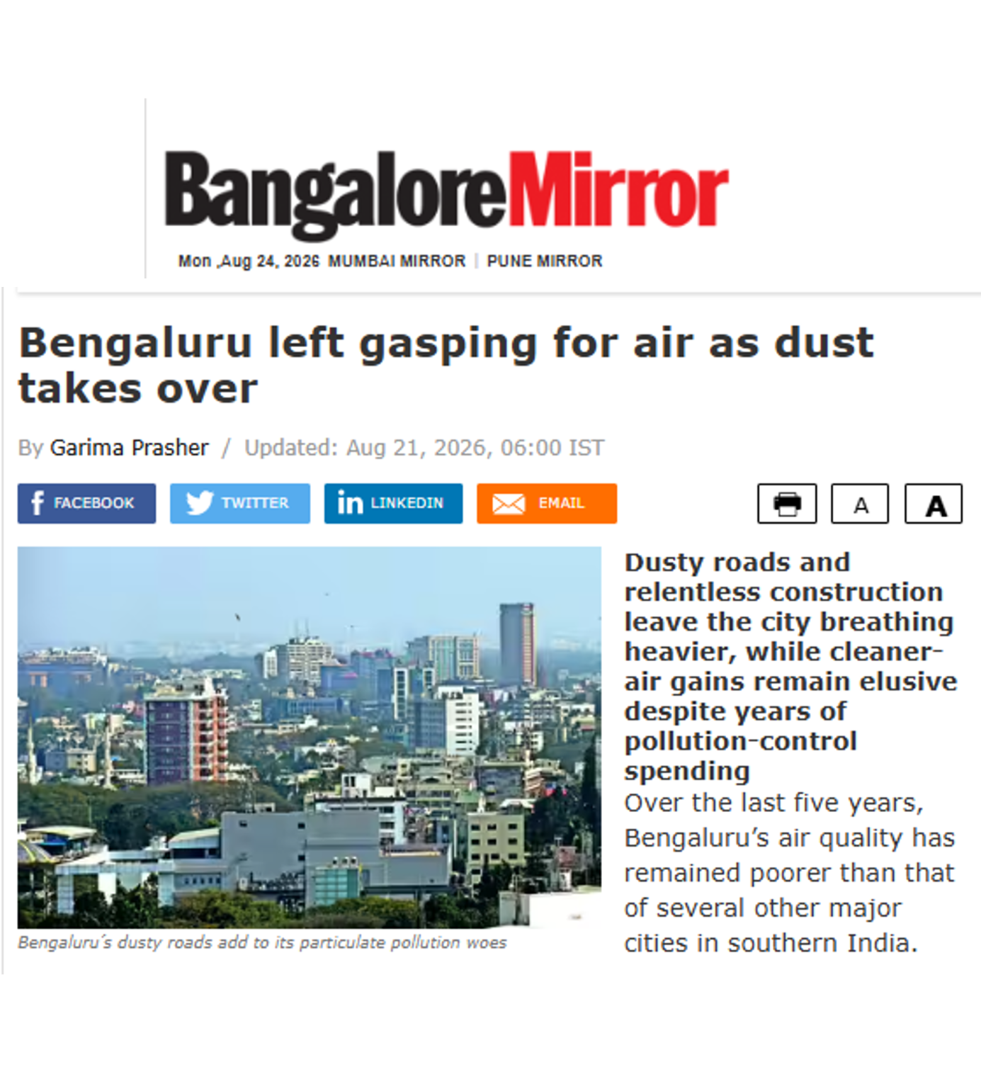 Niran Lekinwala quoted on Bengaluru’s air quality concerns in this article by Bangalore Mirror